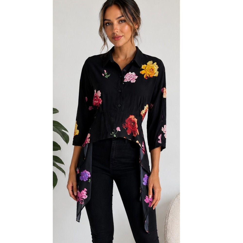 Creatures of Comfort Silk Floral Open Back Tie Waist Peplum‎ Blouse Top Size 4